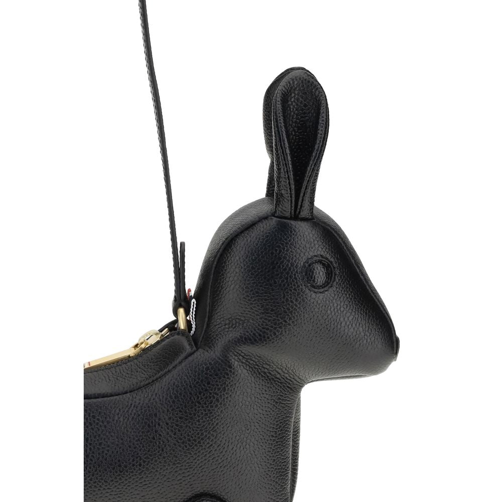 Thom Browne Black Calf Leather Bos Taurus Shoulder Bag with rabbit design and brass zipper closure, featuring a fur tail and adjustable strap.