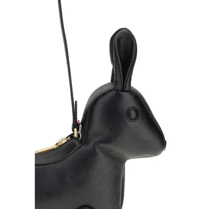 Thom Browne Black Calf Leather Bos Taurus Shoulder Bag with rabbit design and brass zipper closure, featuring a fur tail and adjustable strap.