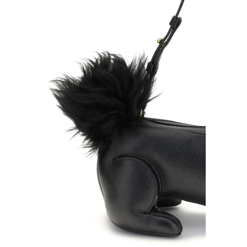 Thom Browne Black Calf Leather Bos Taurus Shoulder Bag with fur tail and brass zipper