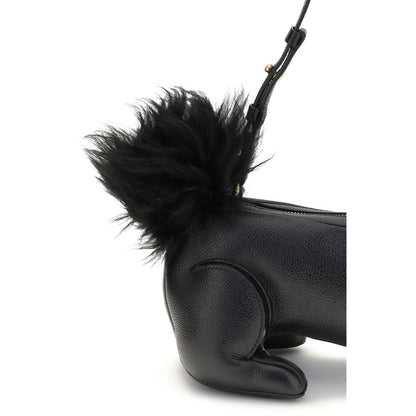 Thom Browne Black Calf Leather Bos Taurus Shoulder Bag with fur tail and brass zipper