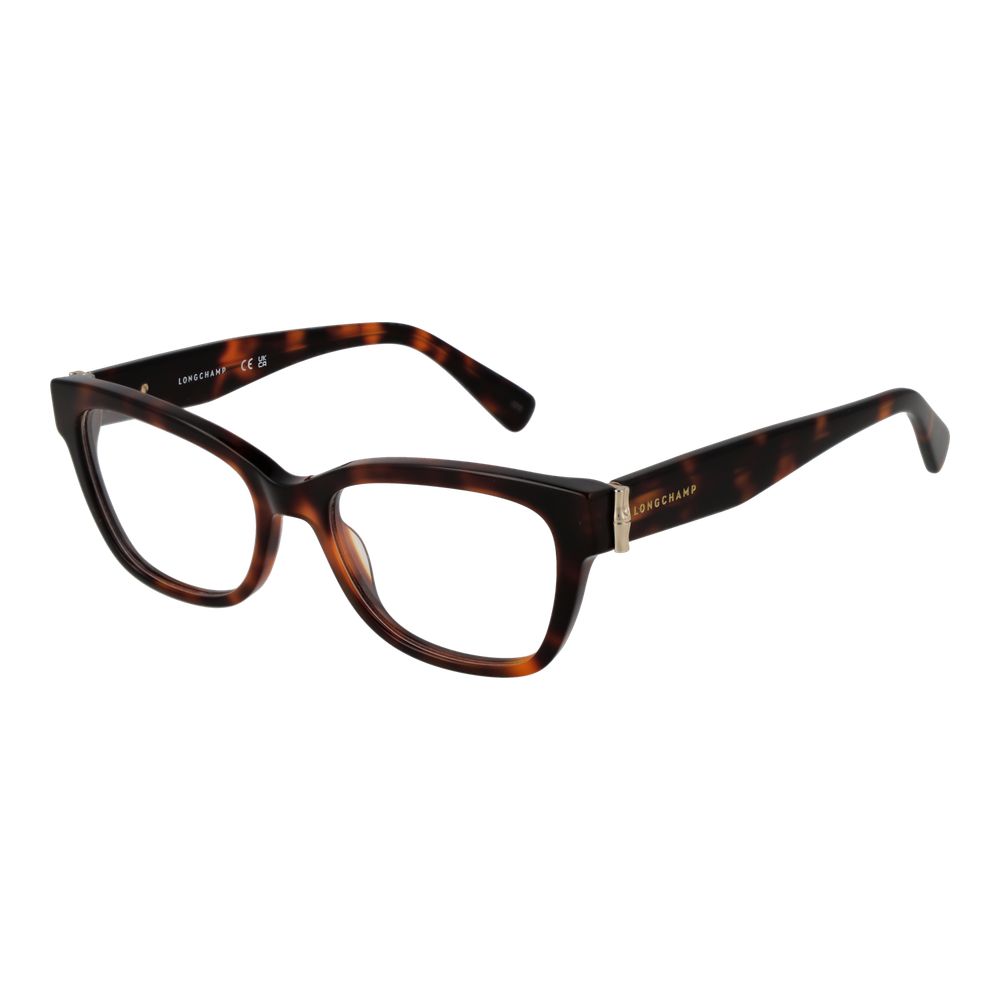 Longchamp Brown Women Glasses Frame in acetate with full-rim style and demo lenses, size 51-17-140, includes branded case.