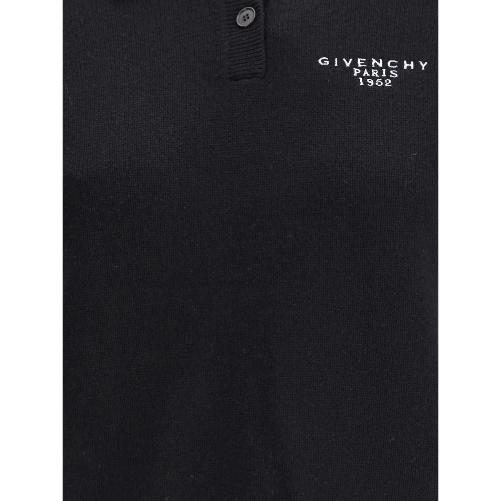 Givenchy Black Wool Polo Shirt with embroidered GIVENCHY Paris 1952 logo, showcasing elegance in black wool and cashmere blend.