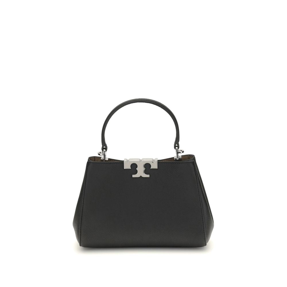 Tory Burch Black Calf Leather Bos Taurus Handbag with top handle and magnetic closure, featuring a sleek and versatile design.