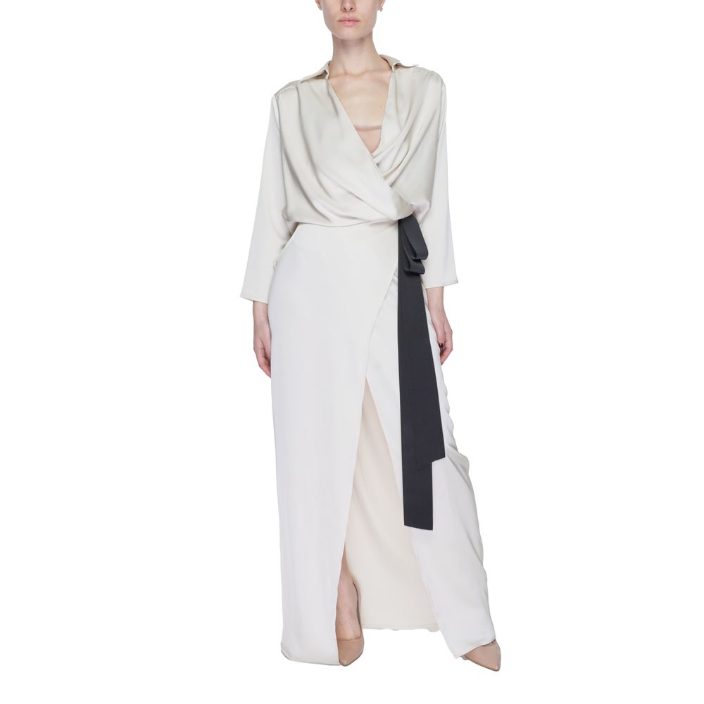 Sandro Ferrone Beige Polyester Long Dress with wrap neckline and side belt