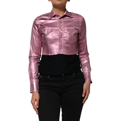 Dolce & Gabbana Pink Cotton Stretch Collared Cropped Jacket with structured collar and long sleeves.