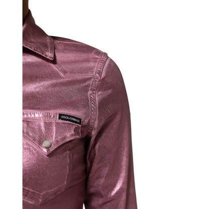 Dolce & Gabbana Pink Cotton Stretch Collared Cropped Jacket with patch detail on chest