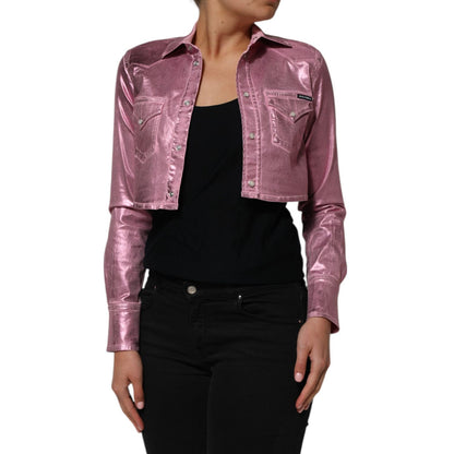 Dolce & Gabbana Pink Cotton Stretch Collared Cropped Jacket on model, highlighting stylish design and flattering fit.