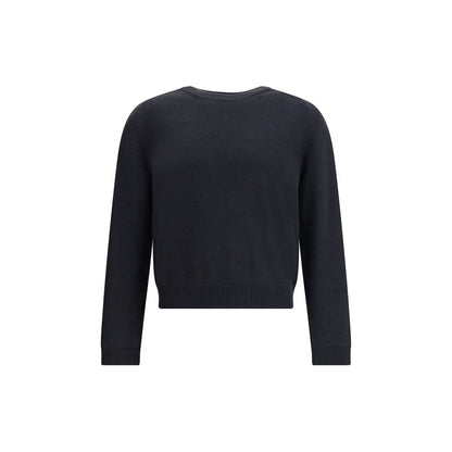 Back view of Our Legacy Blue Merino Wool Sweatshirt featuring ribbed collar, cuffs, hem, saddle sleeves, in off black rustic merino wool.