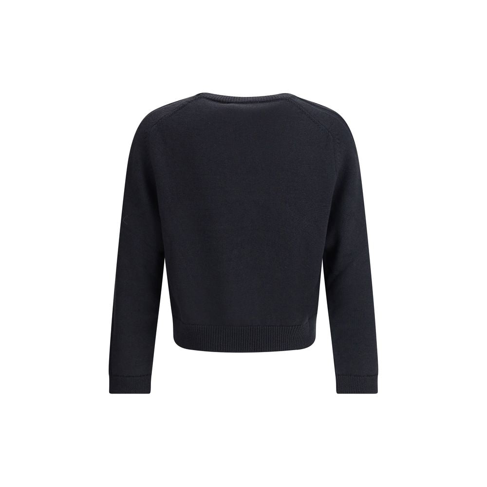 Back view of Our Legacy Blue Merino Wool Sweatshirt with off black rustic merino, plain knit, saddle sleeves, and ribbed detailing.