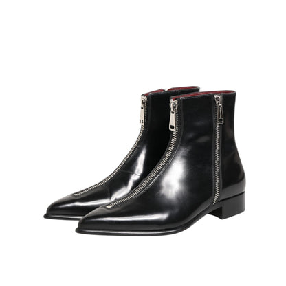 Dolce & Gabbana Black Calfskin Leather Men SHORT Boots Shoes side view with zippers and sleek design.