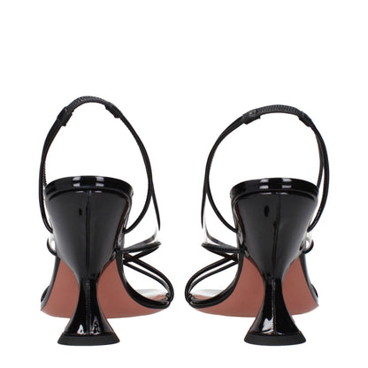 Amina Muaddi Black Leather Stiletto Heel Sandals, rear view showing patent finish and elegant design.