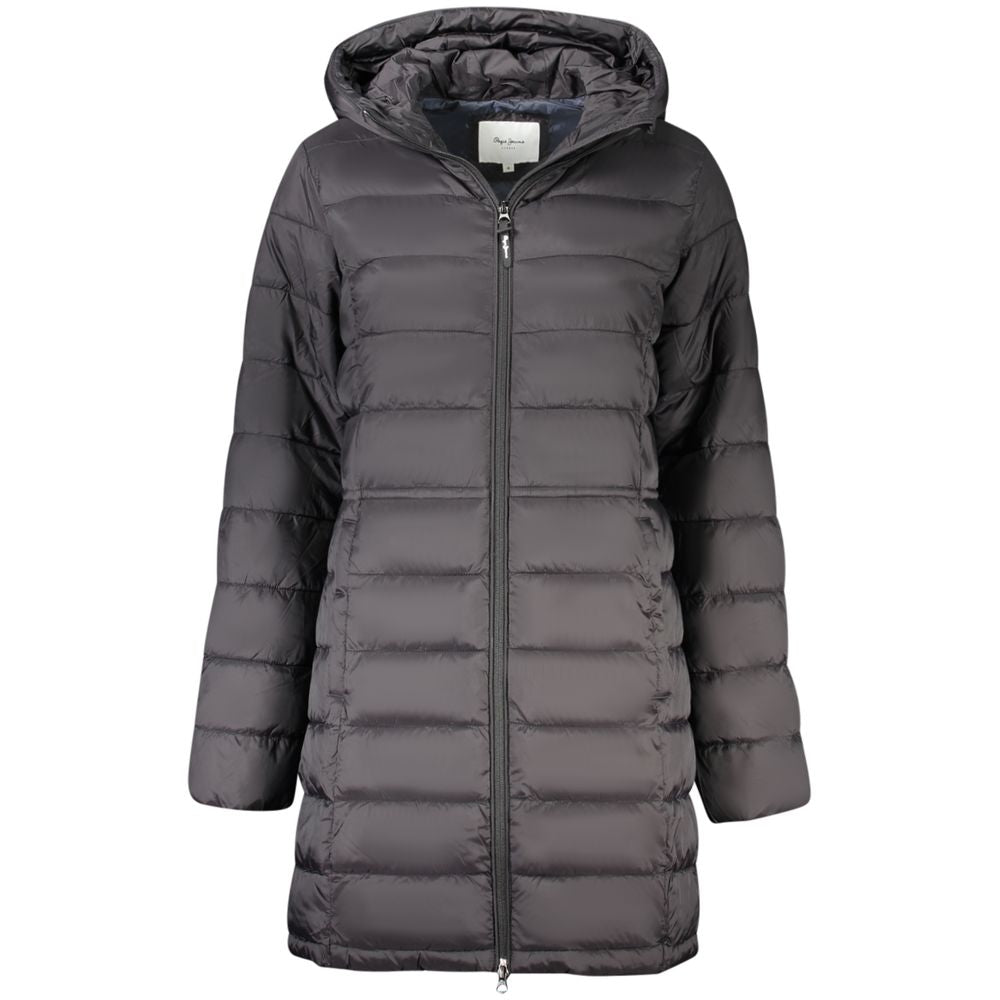 Pepe Jeans Black Polyamide Women's Jacket with hood and long sleeves, showcasing sleek and durable style for cold weather.