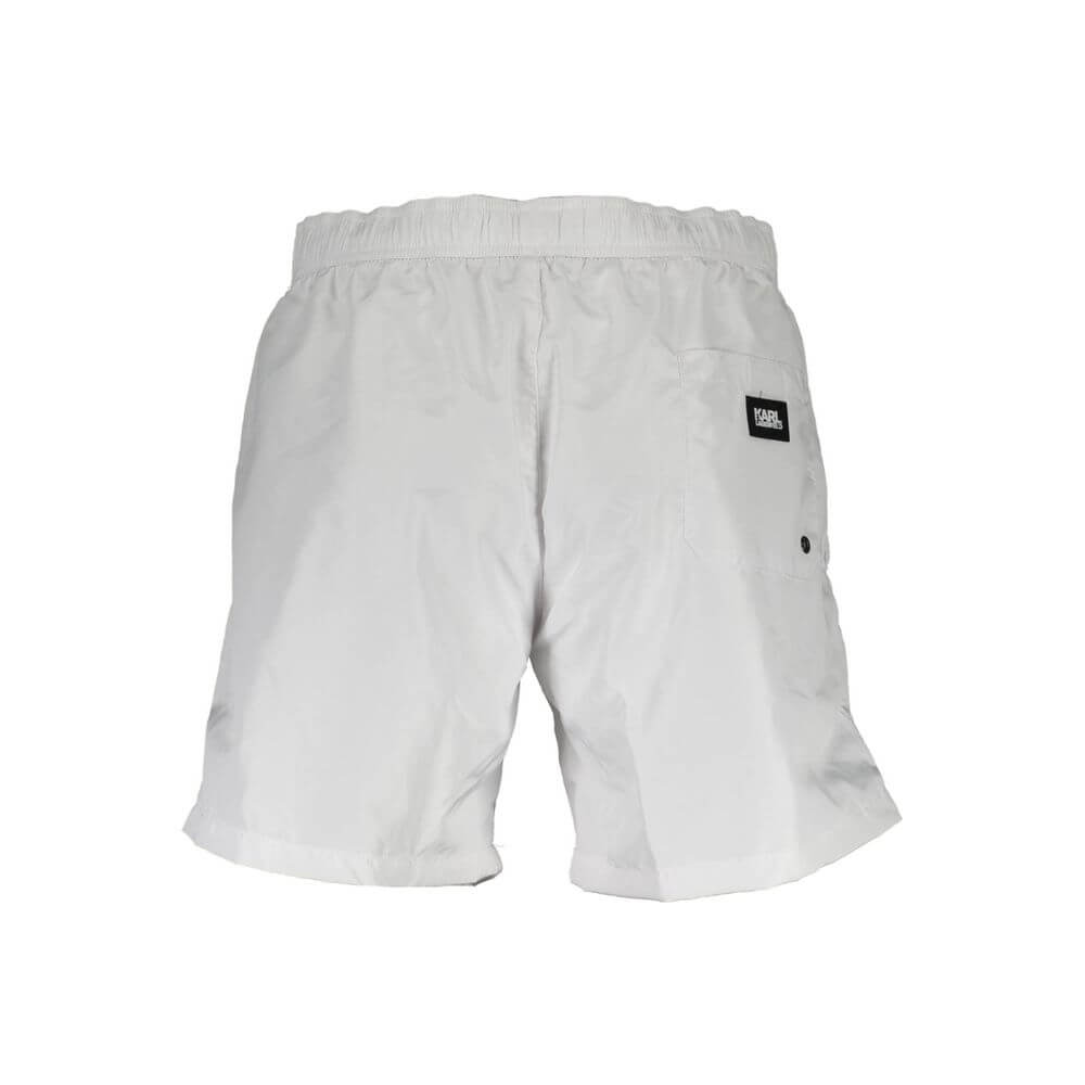 Karl Lagerfeld White Polyester Swimwear medium swim boxer with elastic waist, back pocket, and logo on back.