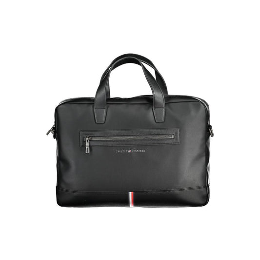 Tommy Hilfiger Black Polyethylene Handbag with two handles, external pocket, and adjustable strap, showcasing a sleek design.