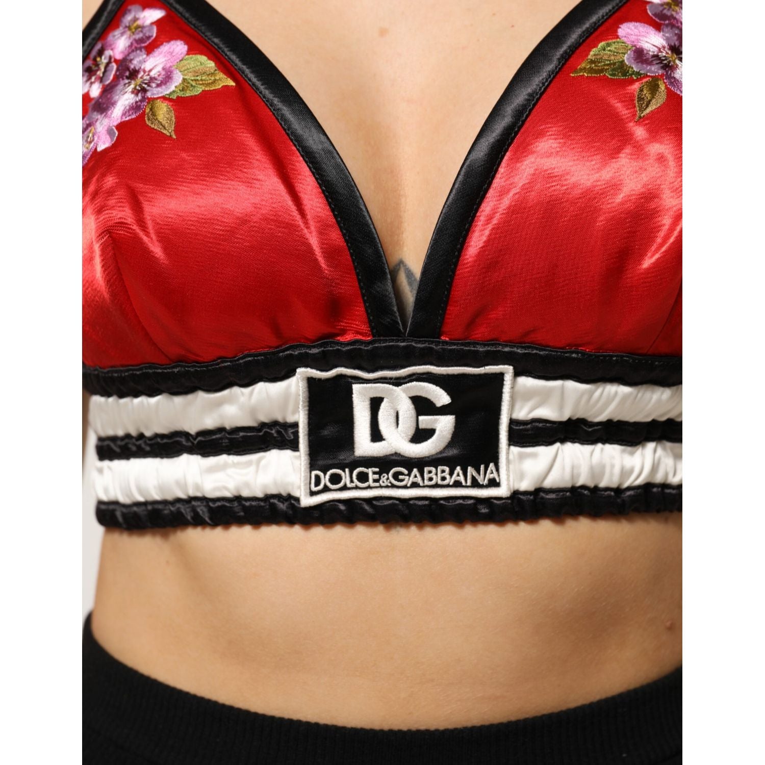 Dolce & Gabbana Red Satin Floral Embroidered Bralette Crop Top