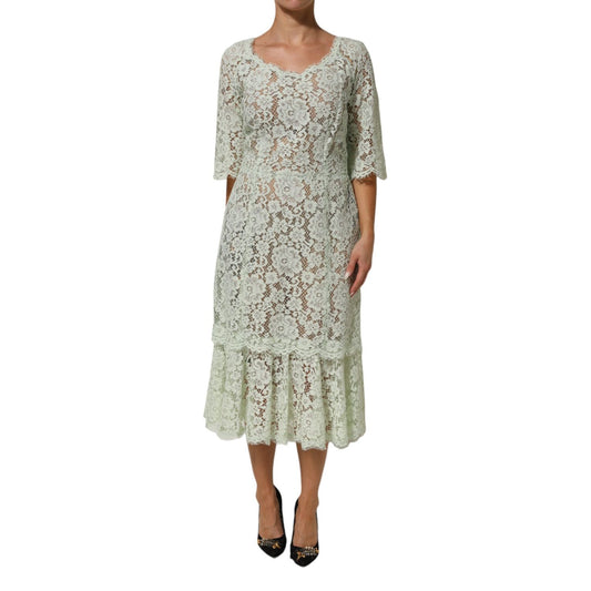 Dolce & Gabbana Mint Green Floral Lace Trim Midi Dress