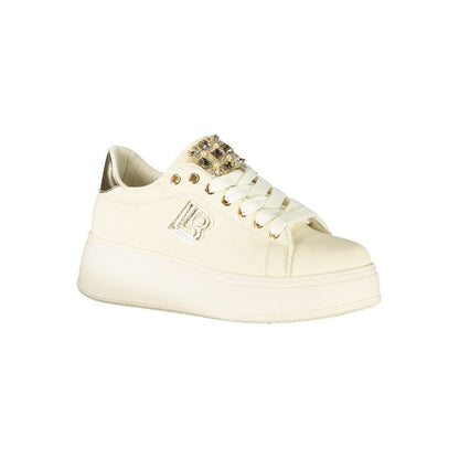 Laura Biagiotti Beige Polyester Women Sneaker with rhinestone accents and 5 cm platform, luxurious and fashionable design.