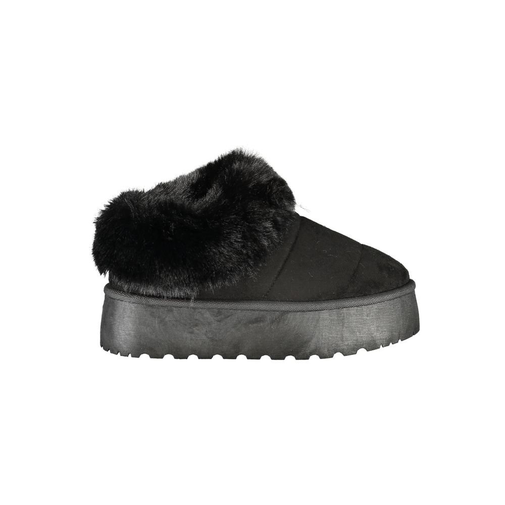 Laura Biagiotti Black Polyester Women Sneaker with fur detail and wedge heel
