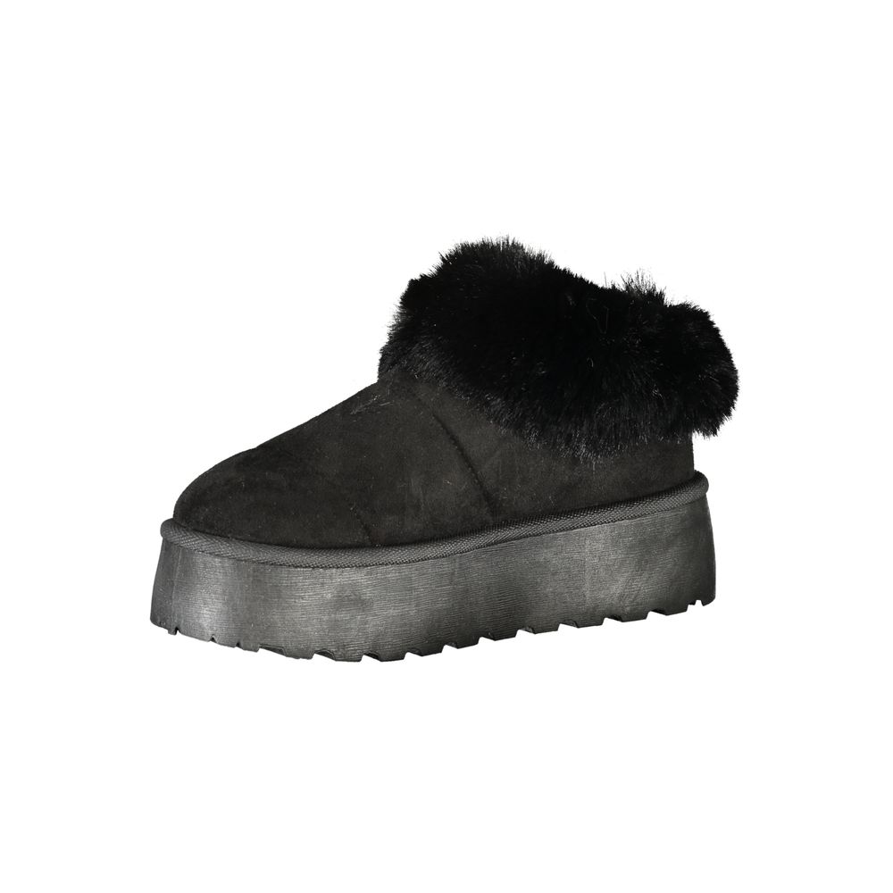 Laura Biagiotti Black Polyester Women Sneaker with fur detail and wedge heel for a glamorous sporty-chic look.