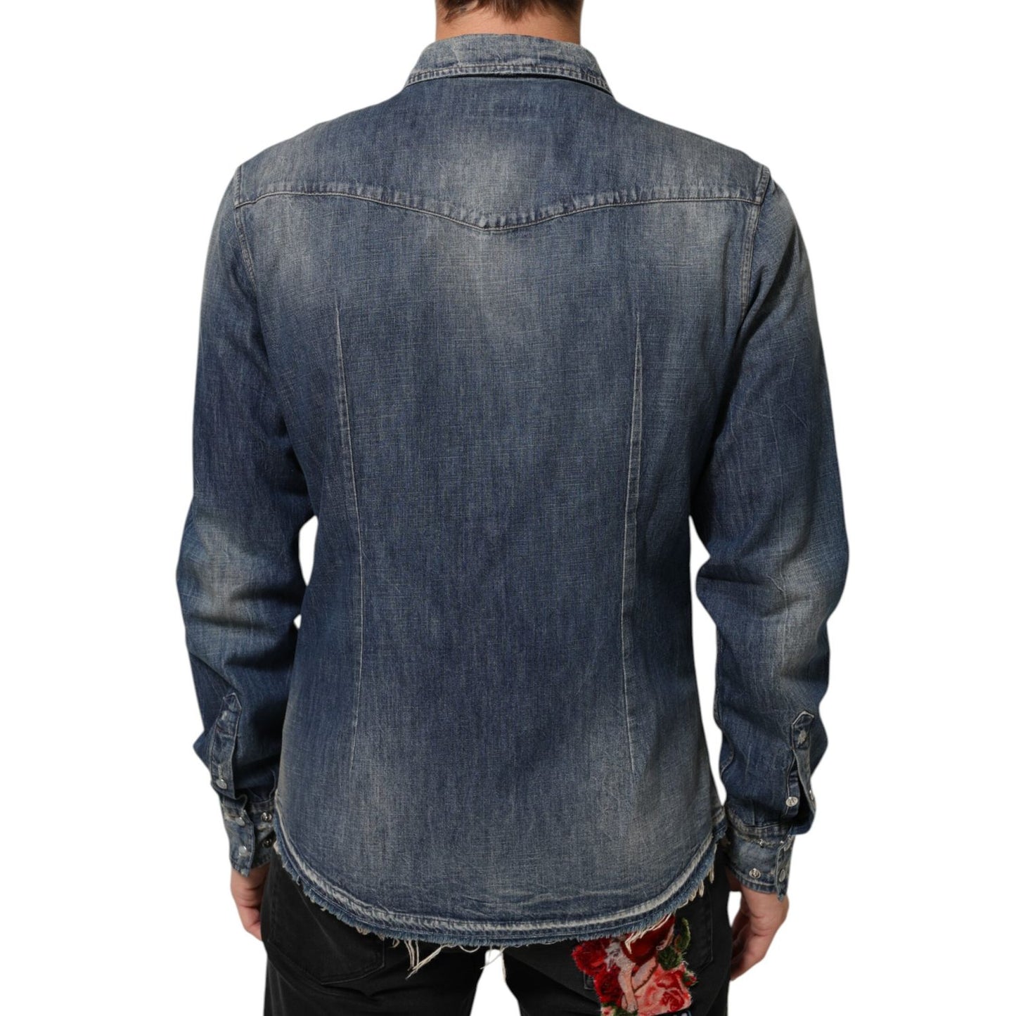Dolce & Gabbana Blue Angel Patch Denim Buttoned Down Men Shirt