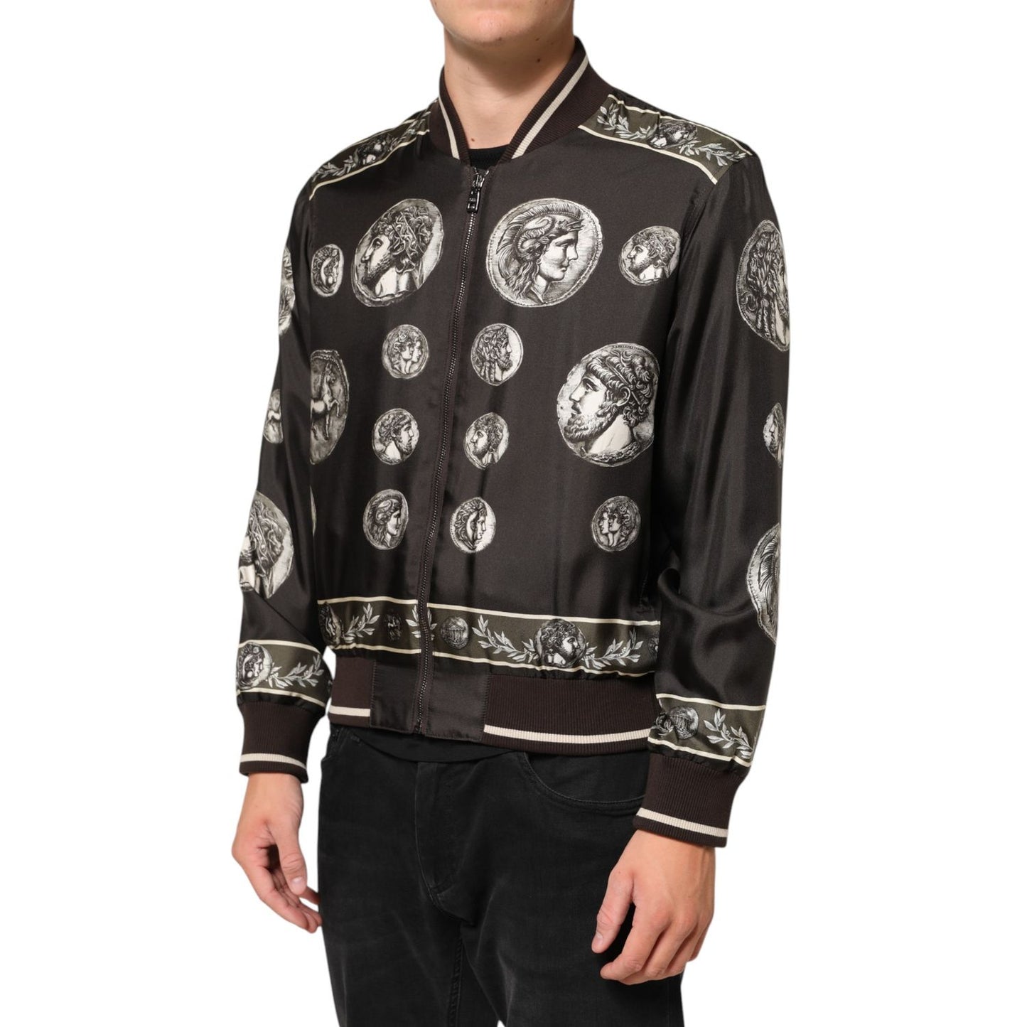 Dolce & Gabbana Black "Monete" Coin Print Silk Bomber Jacket