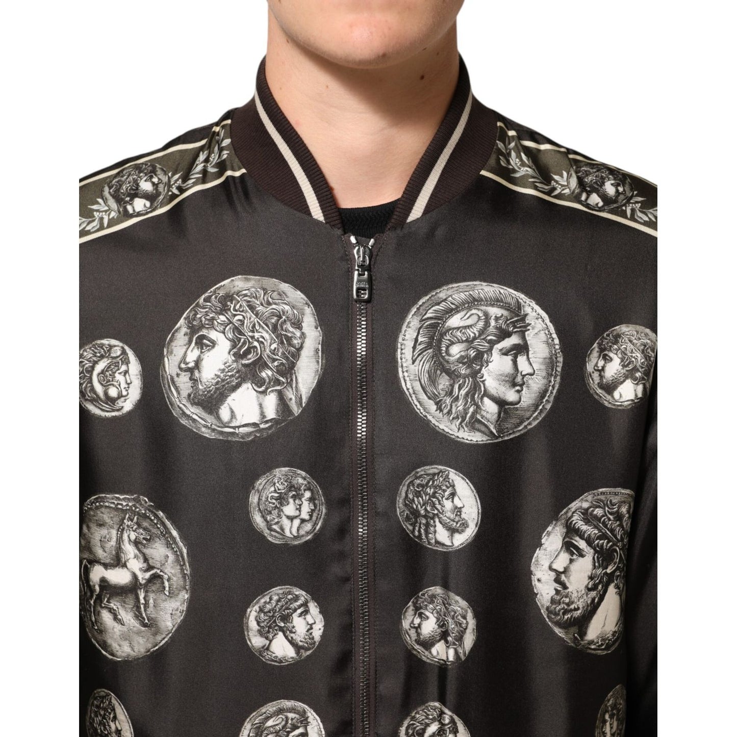 Dolce & Gabbana Black "Monete" Coin Print Silk Bomber Jacket