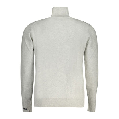 Back view of Pepe Jeans Gray Cotton Men Sweater with turtleneck and embroidered logo, featuring soft cotton, wool, and cashmere blend.