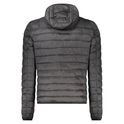 Cavalli Class Black Polyester Men Jacket with hood, stylish and practical for weather versatility, showcasing back view.