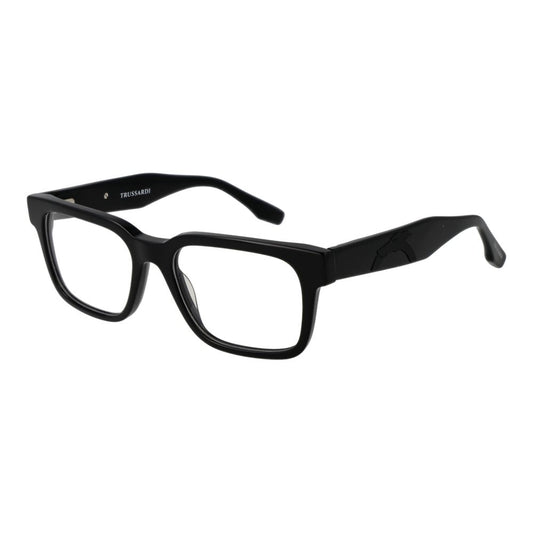 Trussardi Black Acetate Glasses (Frames) full-rim unisex design with black acetate frame, demo plastic lenses, and spring hinge.