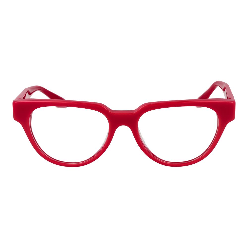 Trussardi Red Acetate Glasses (Frames) for women with full-rim panto style, spring hinge, and demo lenses in red, size 53-17-145.