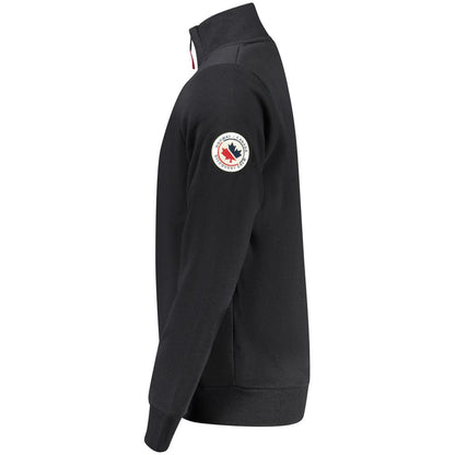 Norway 1963 Black Cotton Sweatshirt with long sleeves, two zip pockets, applique logo, side view.