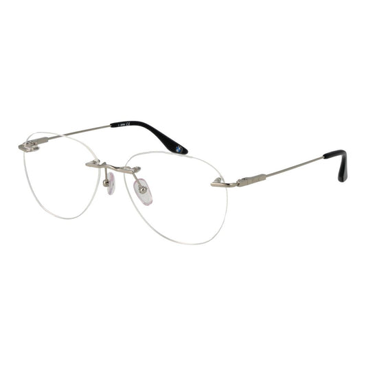 BMW Silver Titanium Glasses (Frames) for men, bottom-rim panto style with demo lenses, 56mm width, silver titanium frame.