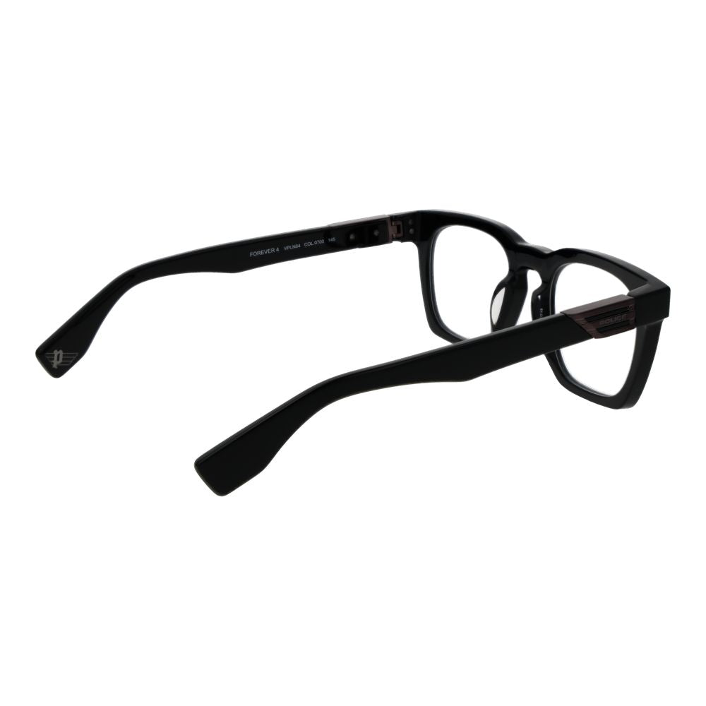 Police Black Cellulose Acetate Glasses (Frames) with full-rim style for men, featuring square design and branded case.