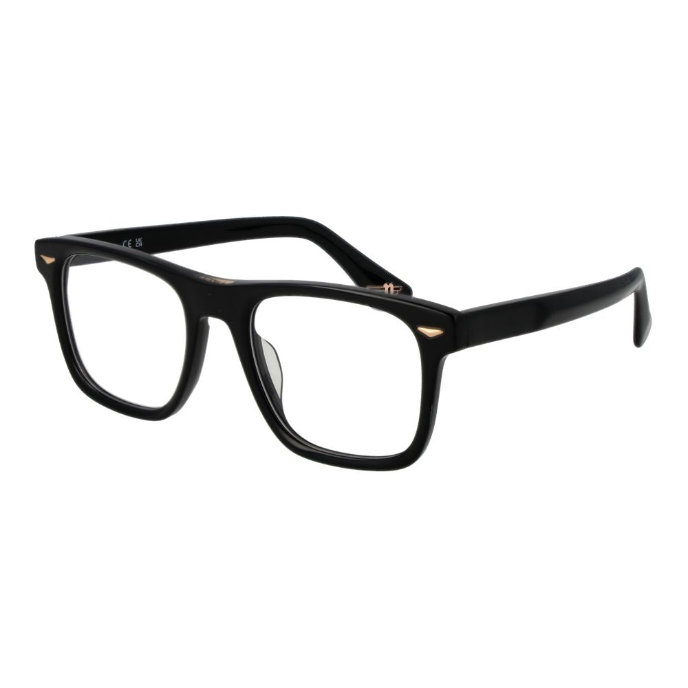 Police Black Cellulose Acetate Glasses (Frames) for men, full-rim rectangle shape with demo lenses, size 52-20-145, black frame.