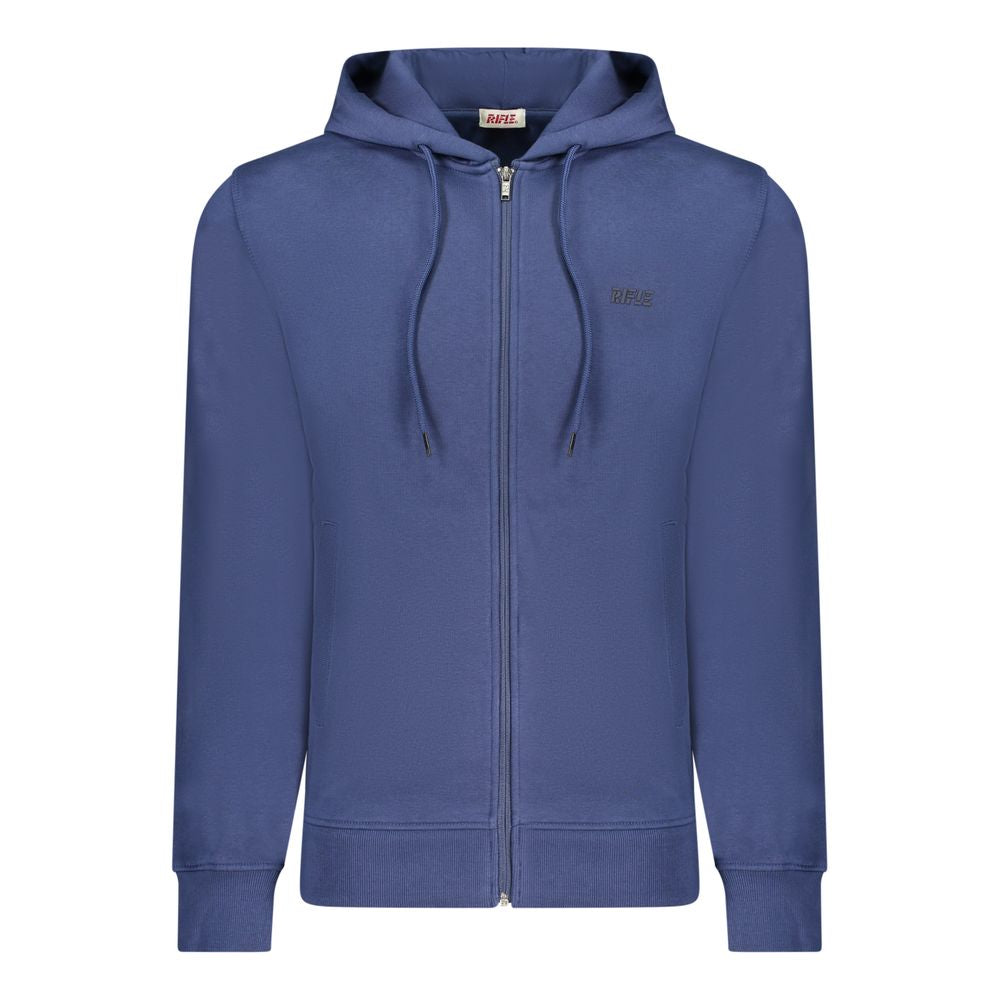 Rifle Blue Cotton Men Sweater with hood, pockets, full zip, and embossed print for casual luxury