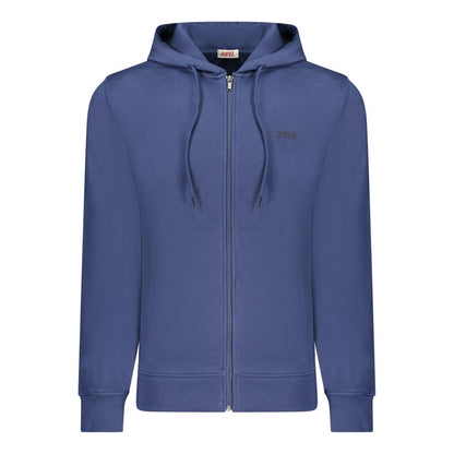 Rifle Blue Cotton Men Sweater with hood, pockets, full zip, and embossed print for casual luxury