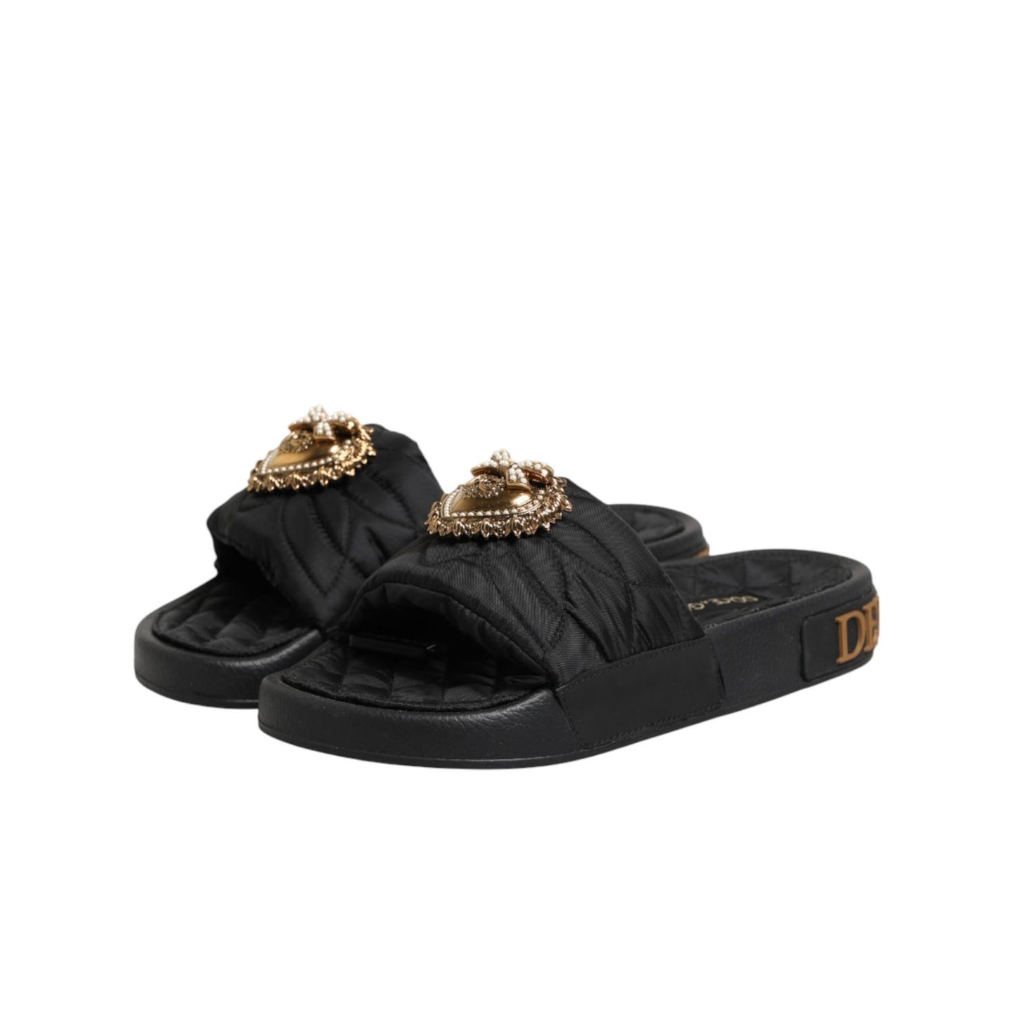 Dolce & Gabbana Black Devotion Matelassé Leather Slides Shoes