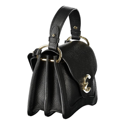 Coccinelle Black Leather Handbag with snap closure, adjustable strap, and logo, featuring contrasting details and internal pockets.