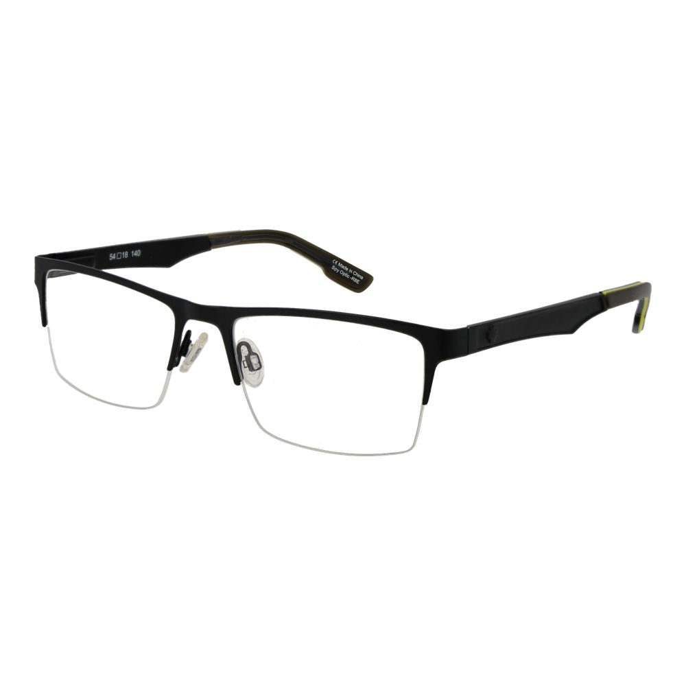 Spy Black Plastic Glasses (Frames) for Men, half-rim rectangle style with demo lenses, spring hinge, black color, plastic material.