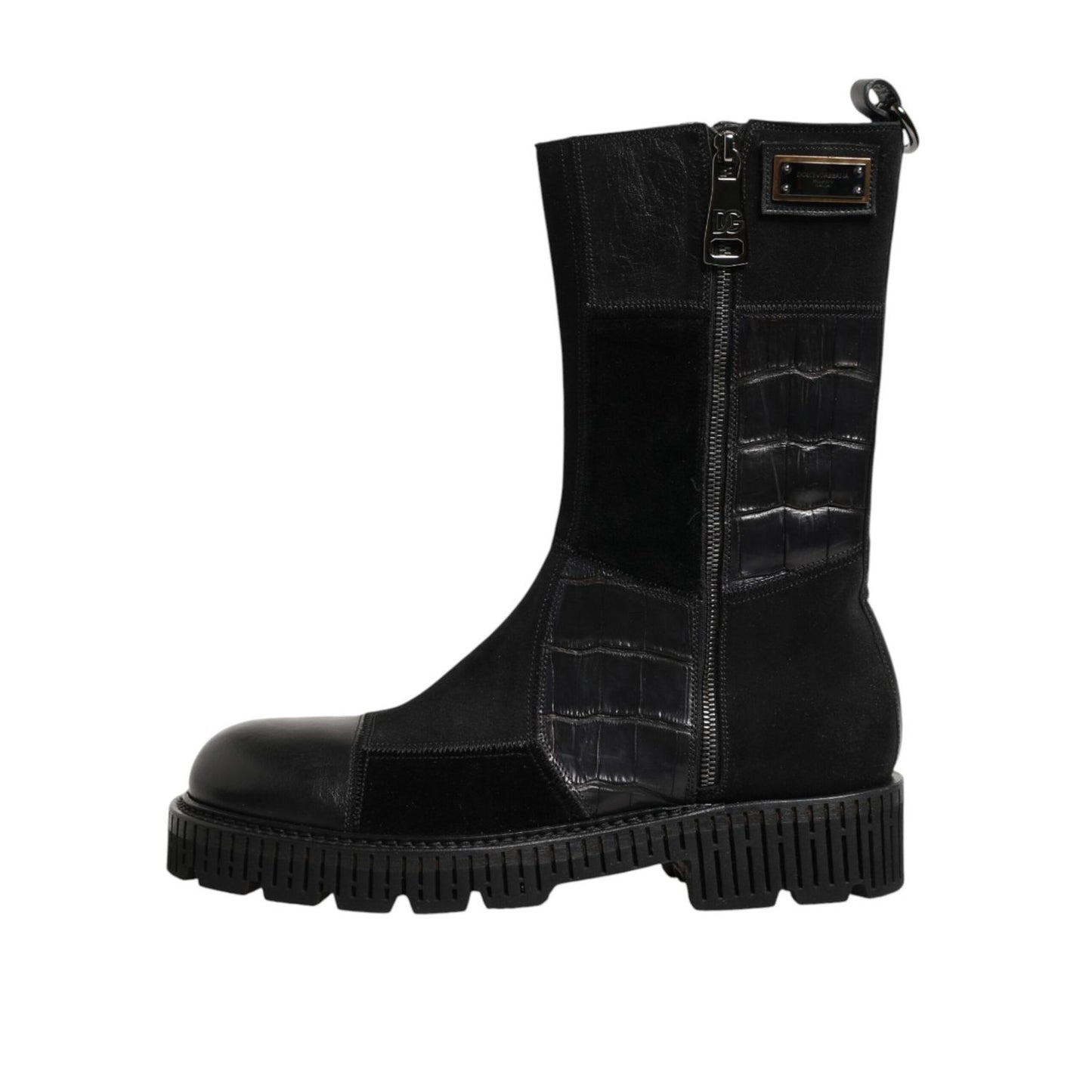 Dolce & Gabbana Black Patchwork Leather Mid Calf Boot Shoes