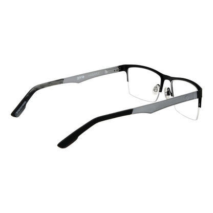 Spy Black Plastic Glasses (Frames) unisex half-rim with spring hinge, black rectangle style, demo lenses, size 54-18-140, branded pouch included.