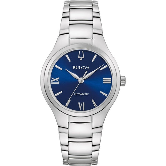 BULOVA Mod. CLASSIC wristwatch with stainless steel bracelet, blue dial, automatic movement, 34mm case, and water resistant up to 3 ATM.