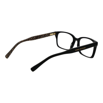 Tommy Hilfiger Black Acetate Glasses (Frames) for women, full-rim rectangle style with branded case. Frame material acetate, lenses are demo plastic.