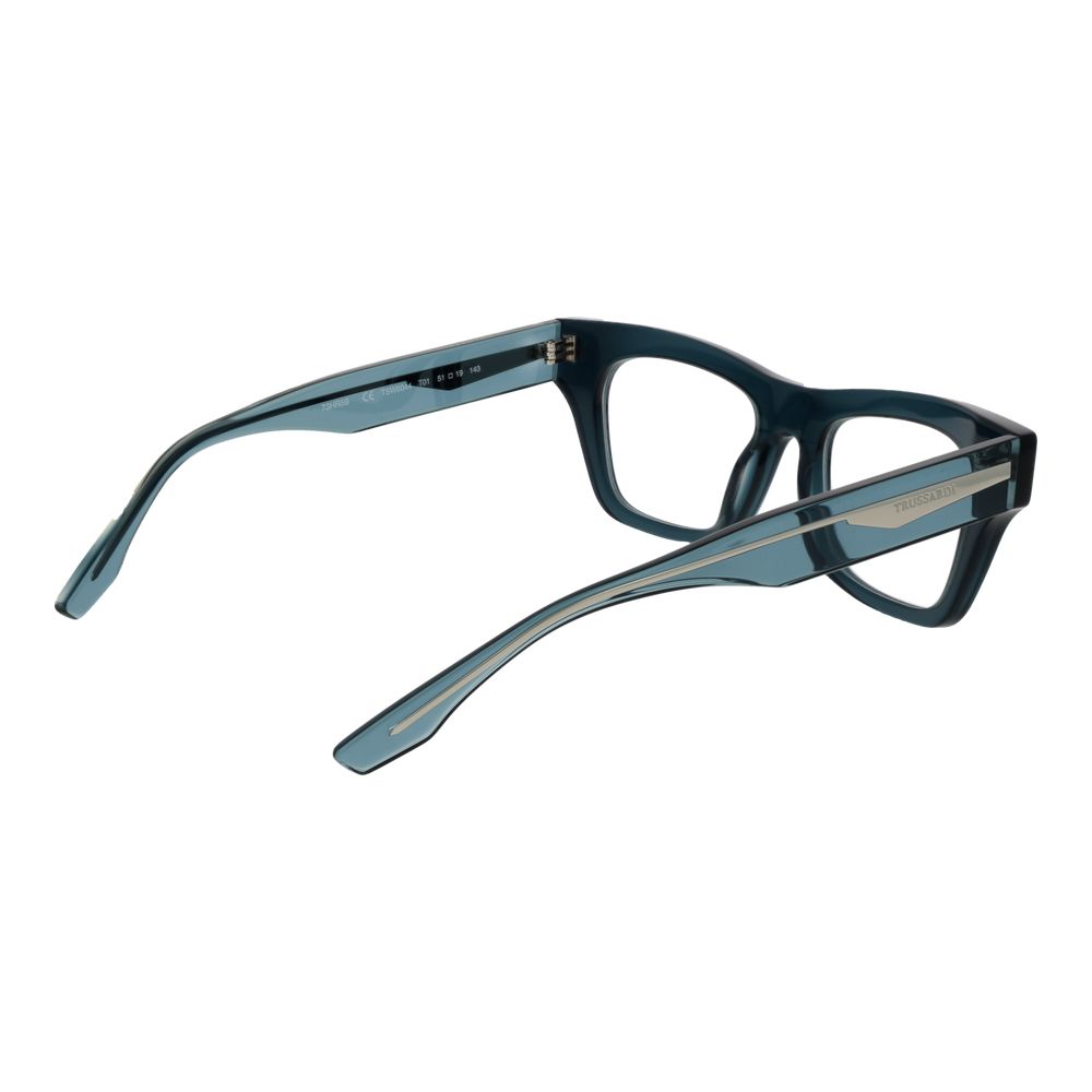 Trussardi Blue Acetate Glasses (Frames) shown in full-rim rectangle style, featuring blue acetate frame and demo lenses.