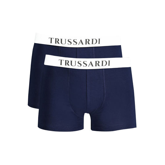 Trussardi Blue Cotton Underwear with elastic waist and logo, basic bi-pack boxer set featuring a stylish print design.