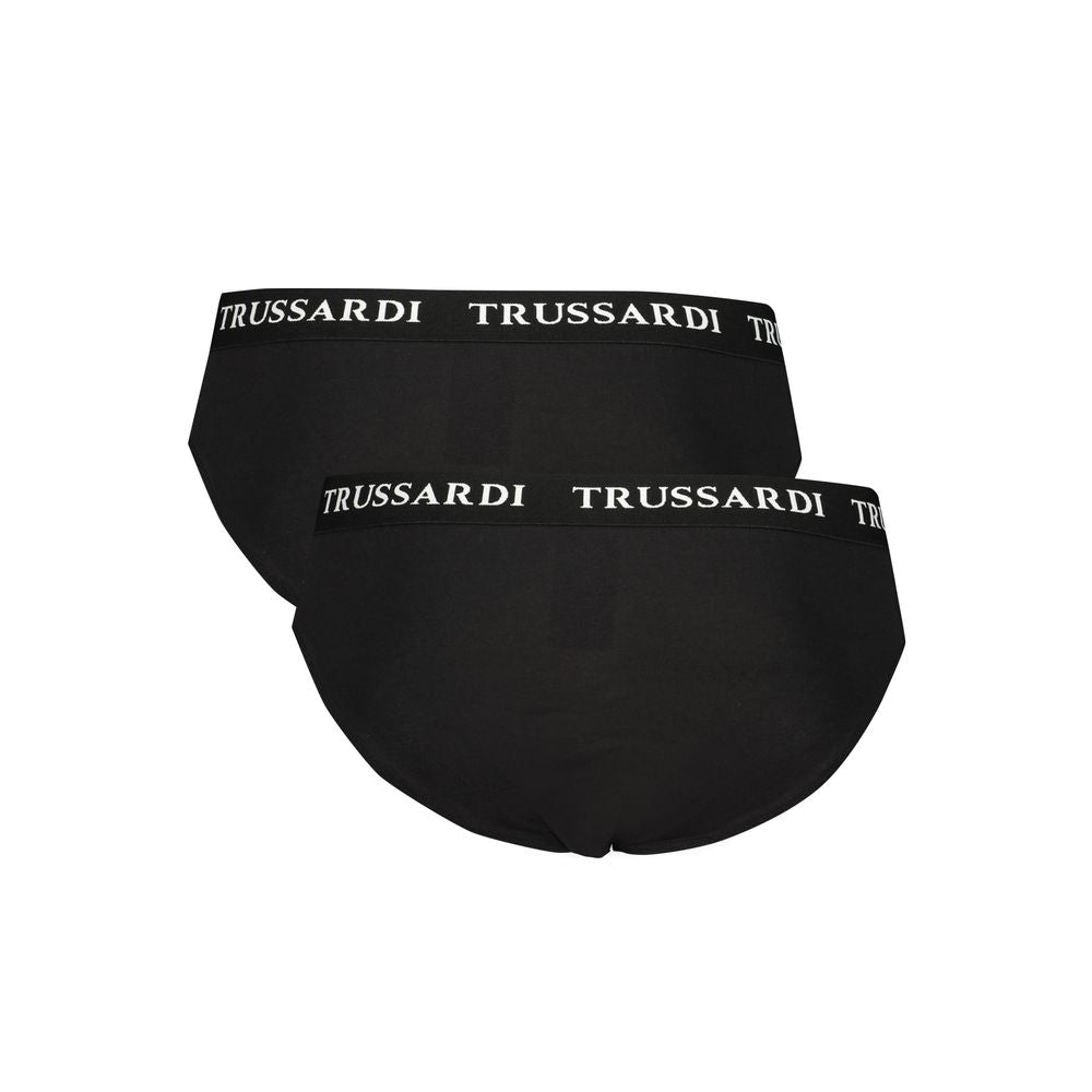 Trussardi Black Cotton Underwear in bi-pack with branded elastic waistband, slip style, featuring logo print.