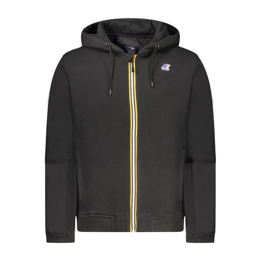 K-WAY Black Cotton Men Sweater with hood, applique logo, and zip closure for style and functionality.