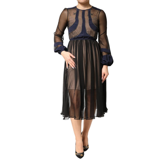 N.21 Blue Long Sleeves Sheer Silk Sheath A-line Midi Dress