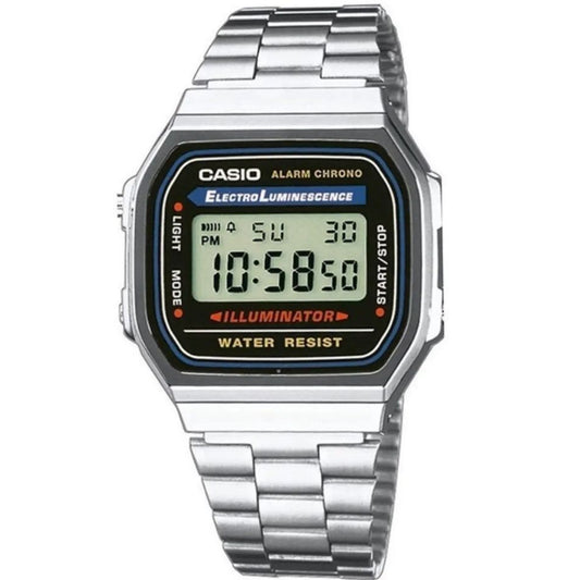 Alt Tag: CASIO VINTAGE Mod. ICONIC - CLASSIC SILVER wristwatch with silver metal strap, quartz movement, and digital multifunction display.