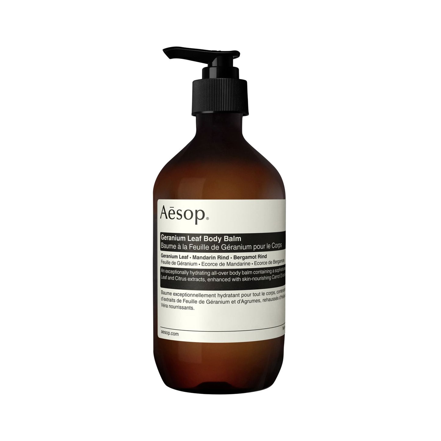 AESOP Geranium Leaf body balm 500ml bottle with pump dispenser for skincare.